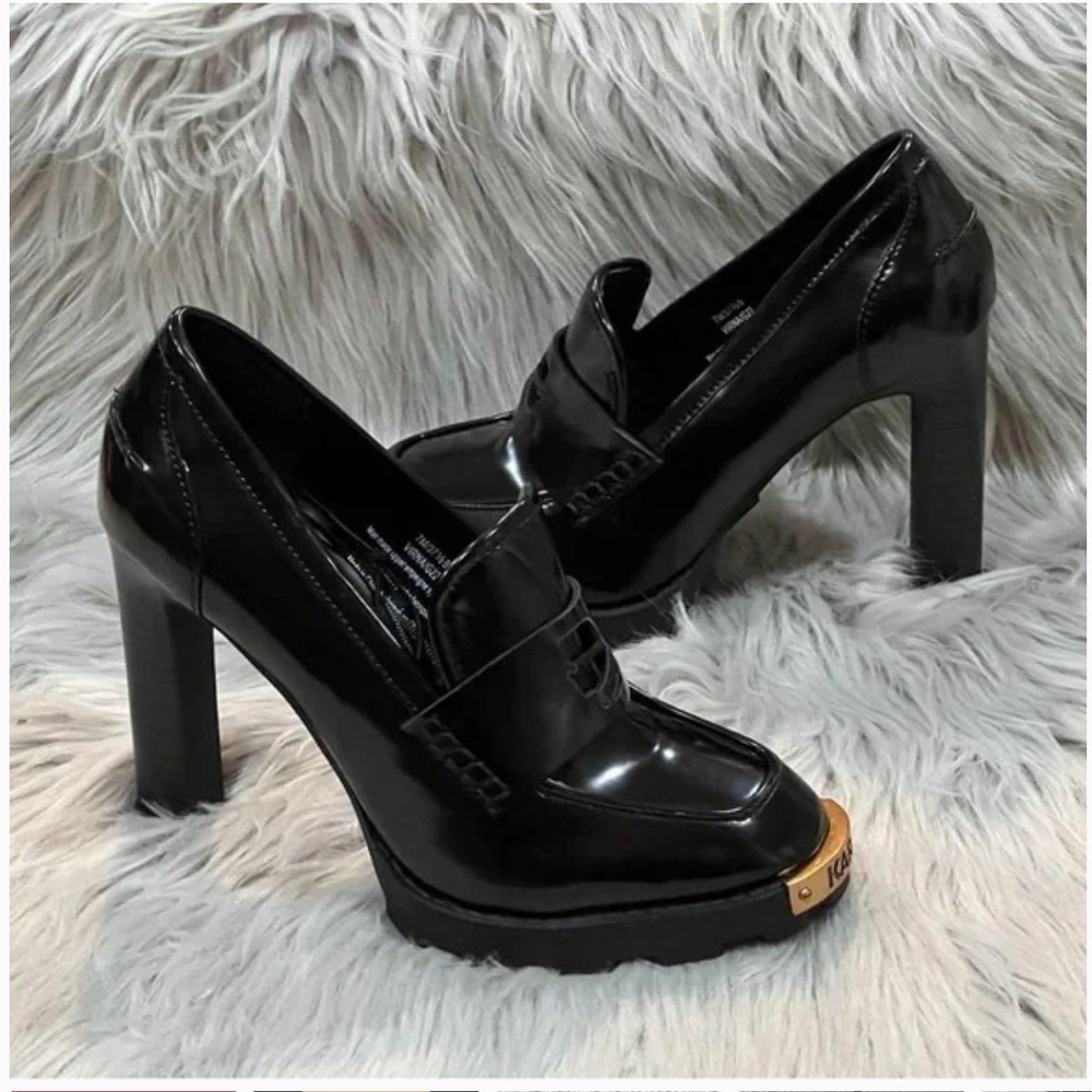 NEW Karl Lagerfeld Paris Virna Black Patent High Heel Loafers